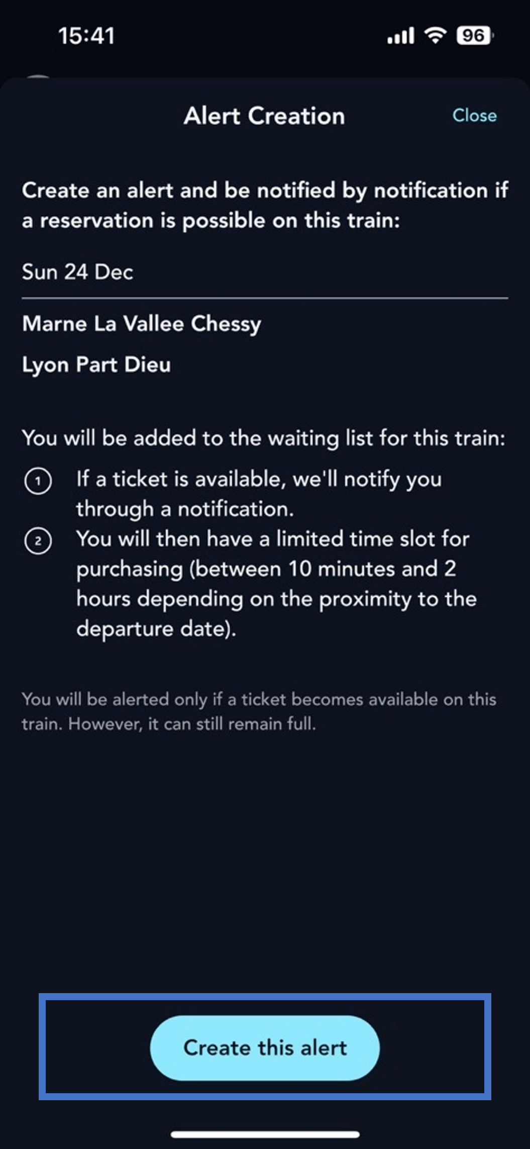 screen of the page for creating a full train alert on the SNCF Connect application